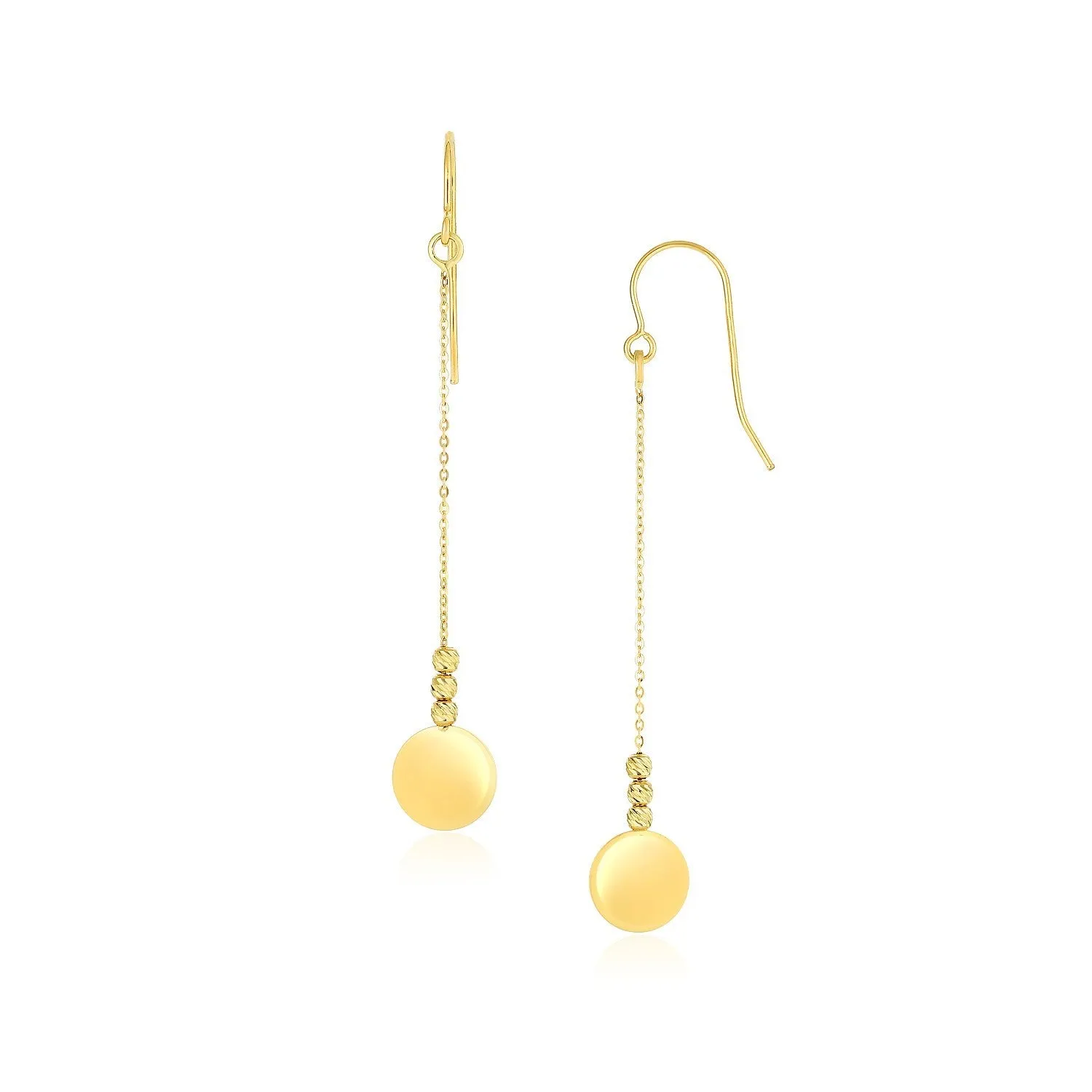 10k Yellow Gold Bead and Shiny Disc Drop Earrings-rx21300