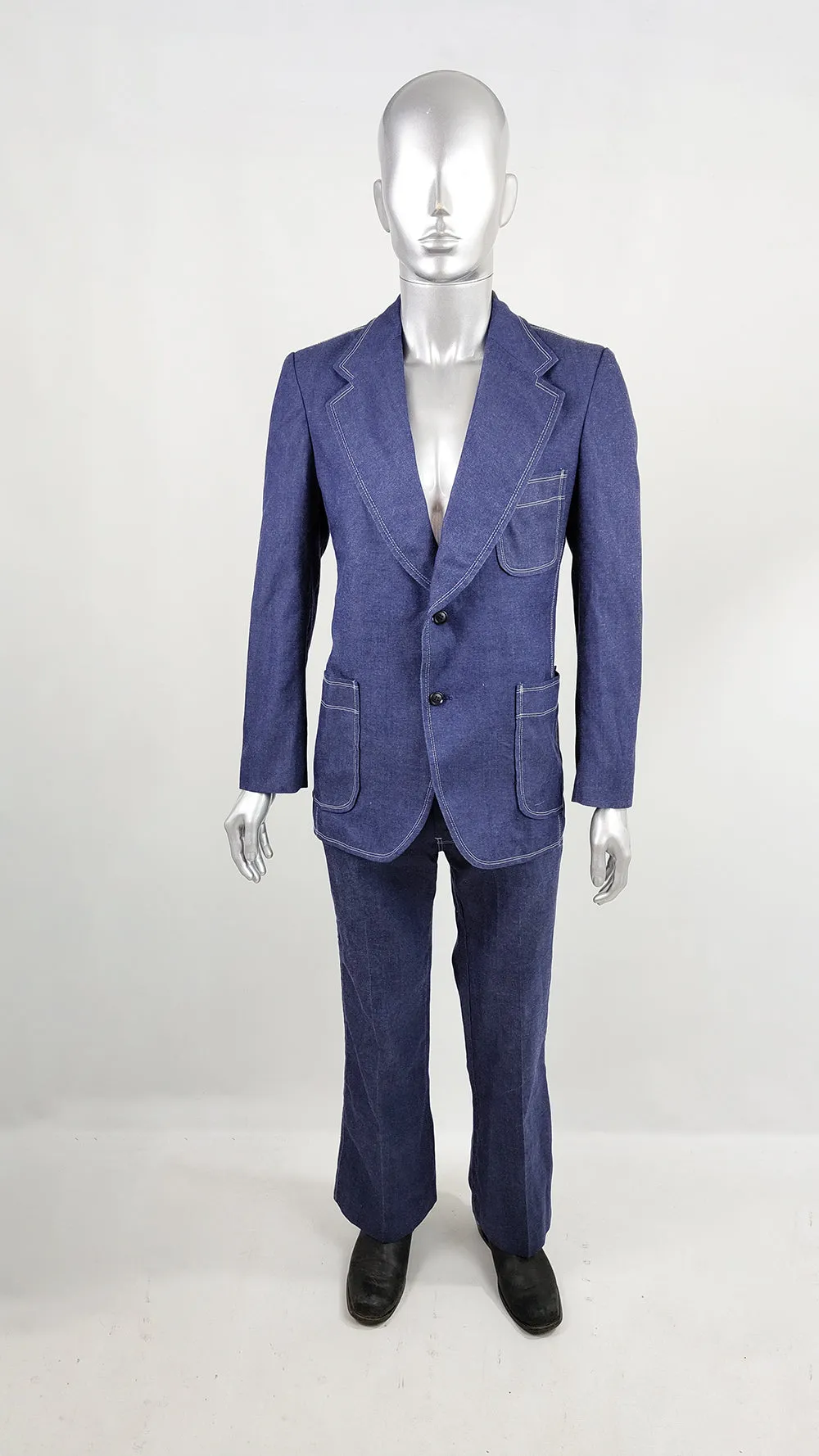 1970s Vintage Mens Two Piece Denim Flared Pant Suit