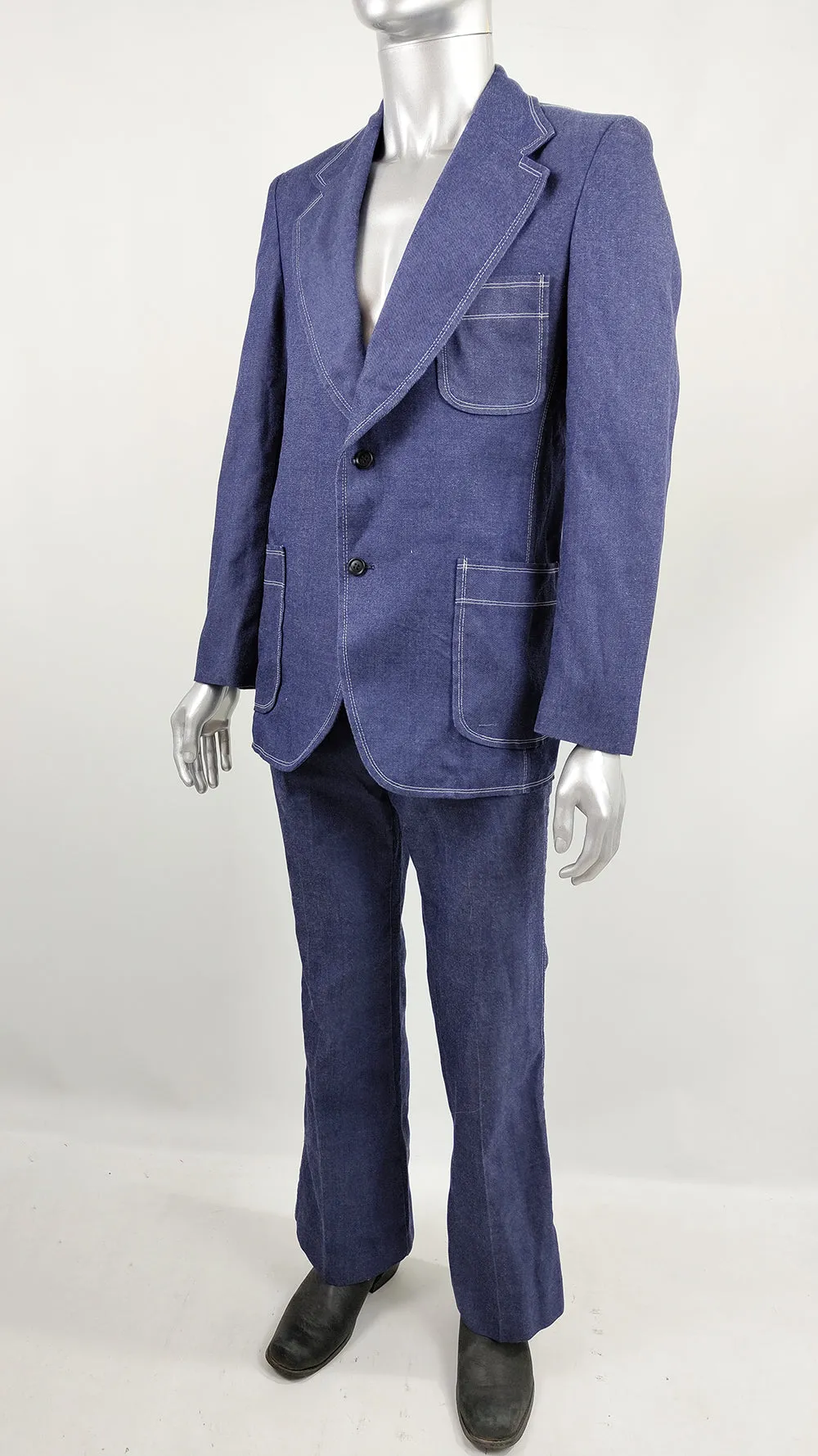 1970s Vintage Mens Two Piece Denim Flared Pant Suit