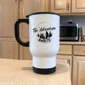 Adventure Awaits White Metal Coffee and Tea Travel Mug