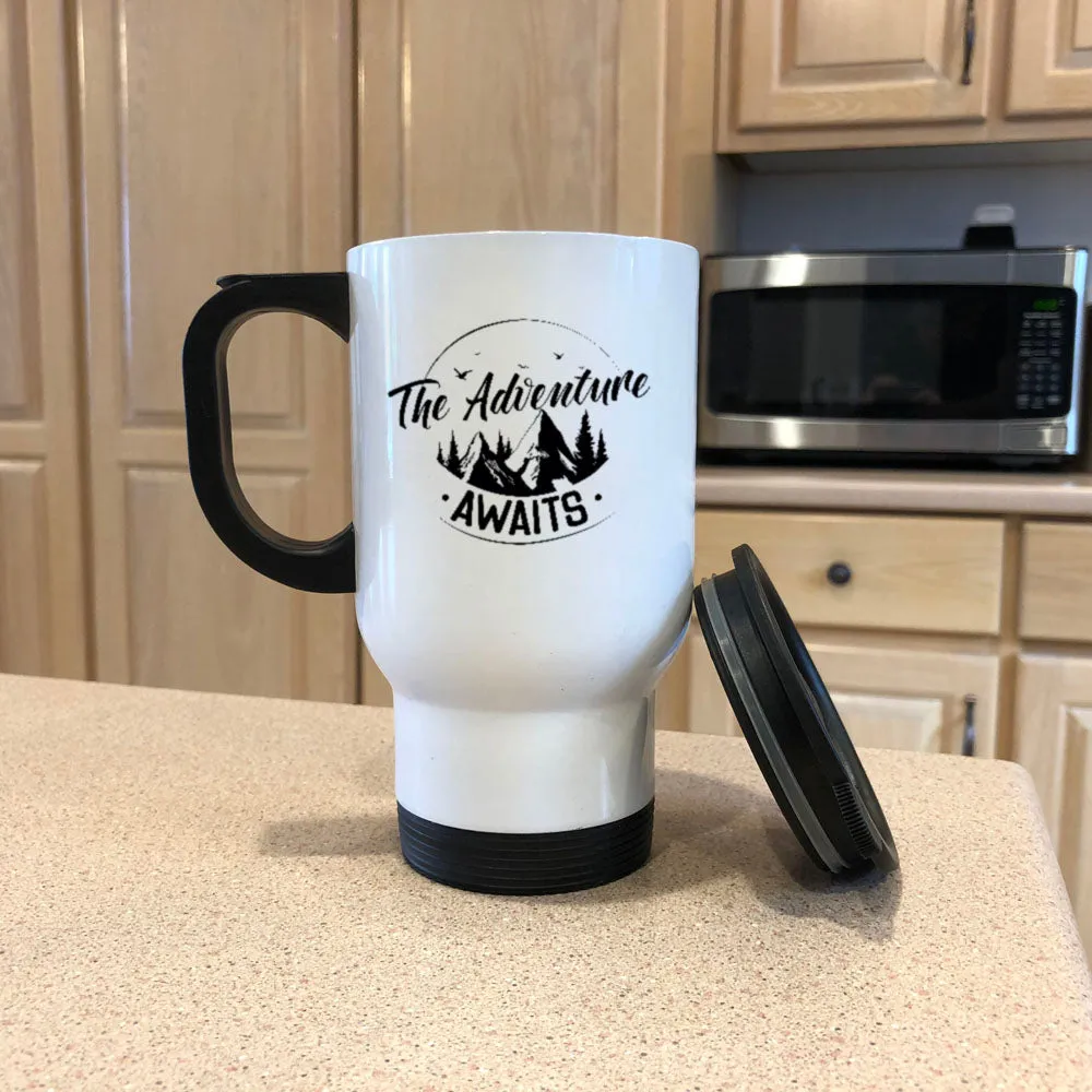 Adventure Awaits White Metal Coffee and Tea Travel Mug