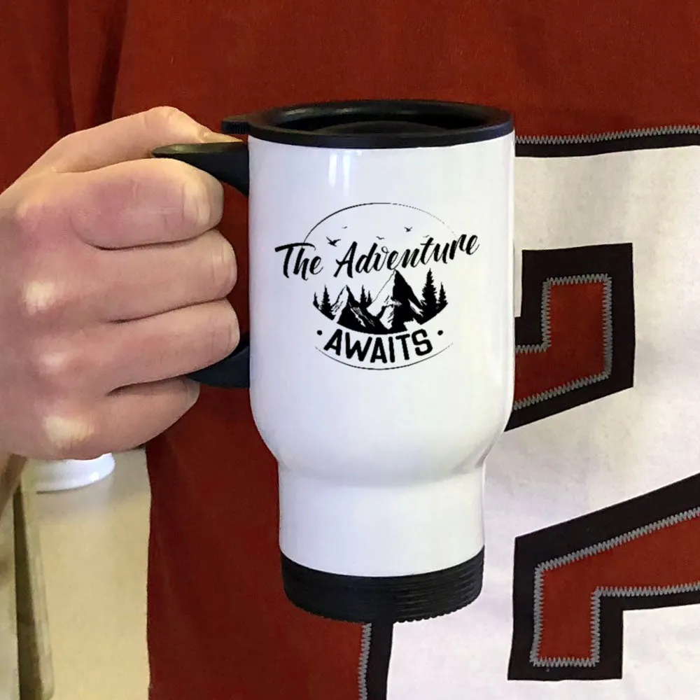 Adventure Awaits White Metal Coffee and Tea Travel Mug