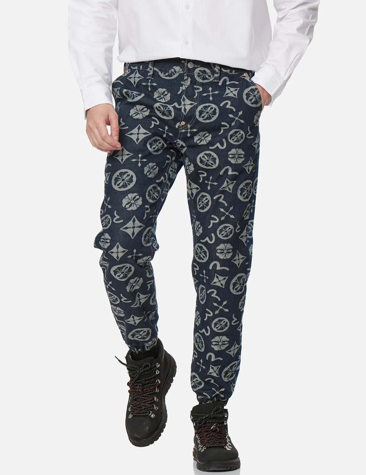 Allover Brand Elements Jacquard Blocking Denim Jogger Pants