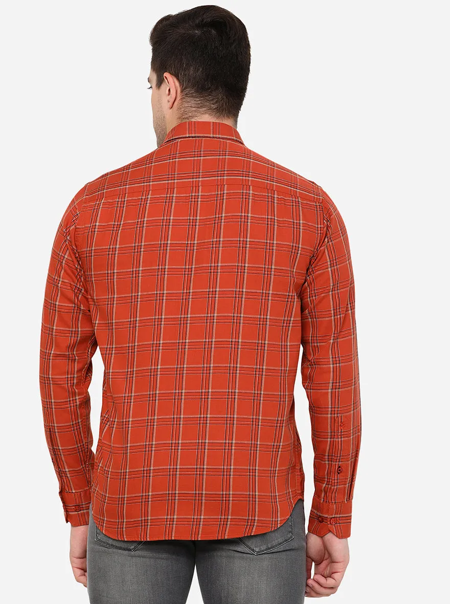 Brunt Orange Checked Slim Fit Casual Shirt | Greenfibre