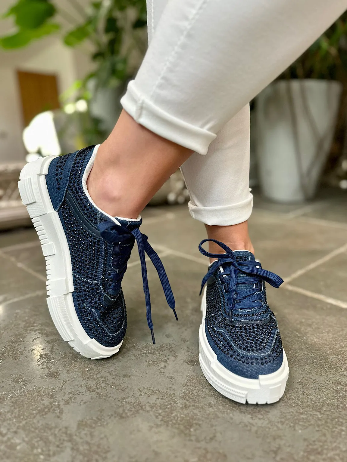 Denim Diamante Platform Trainers