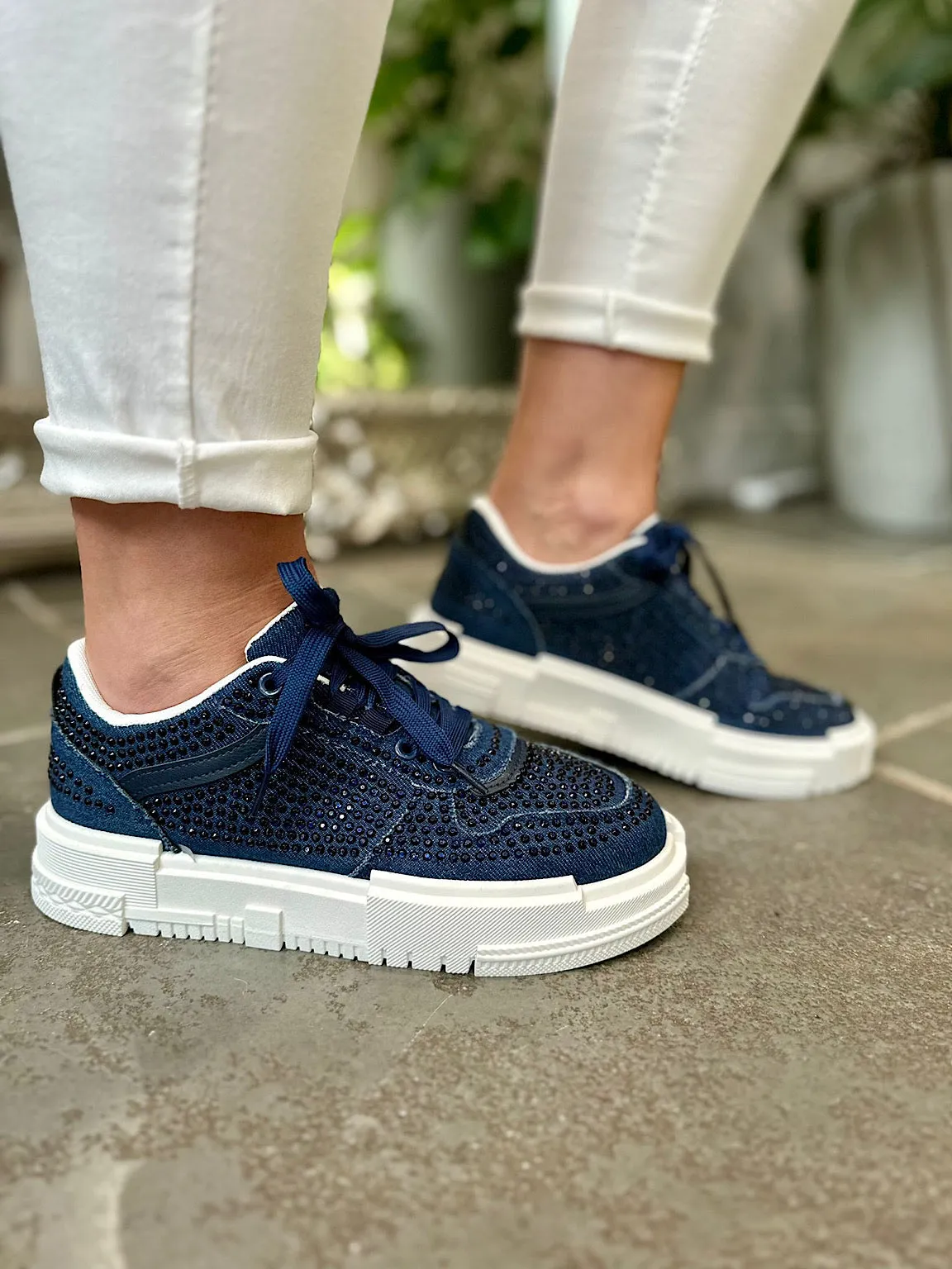 Denim Diamante Platform Trainers