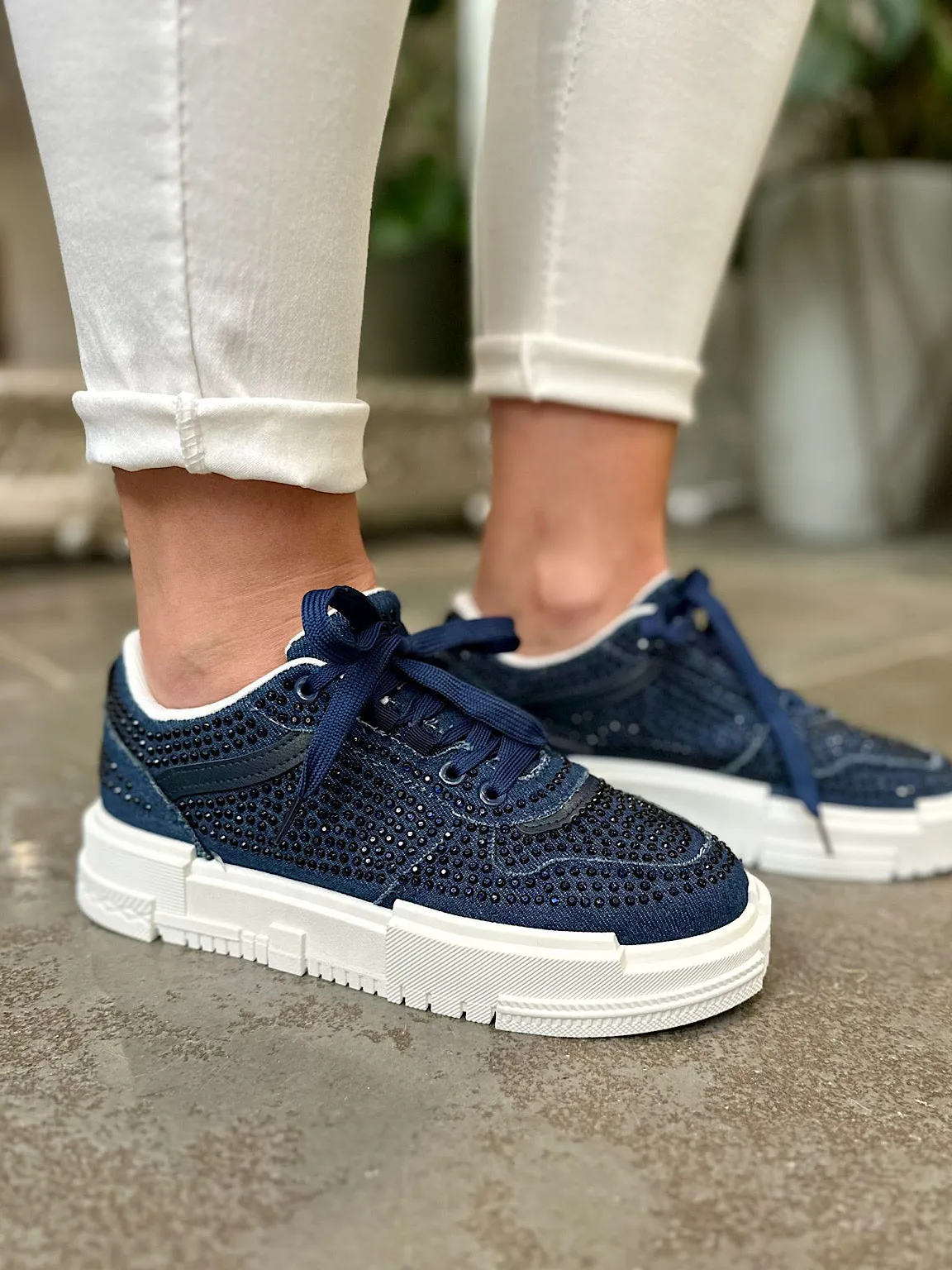 Denim Diamante Platform Trainers