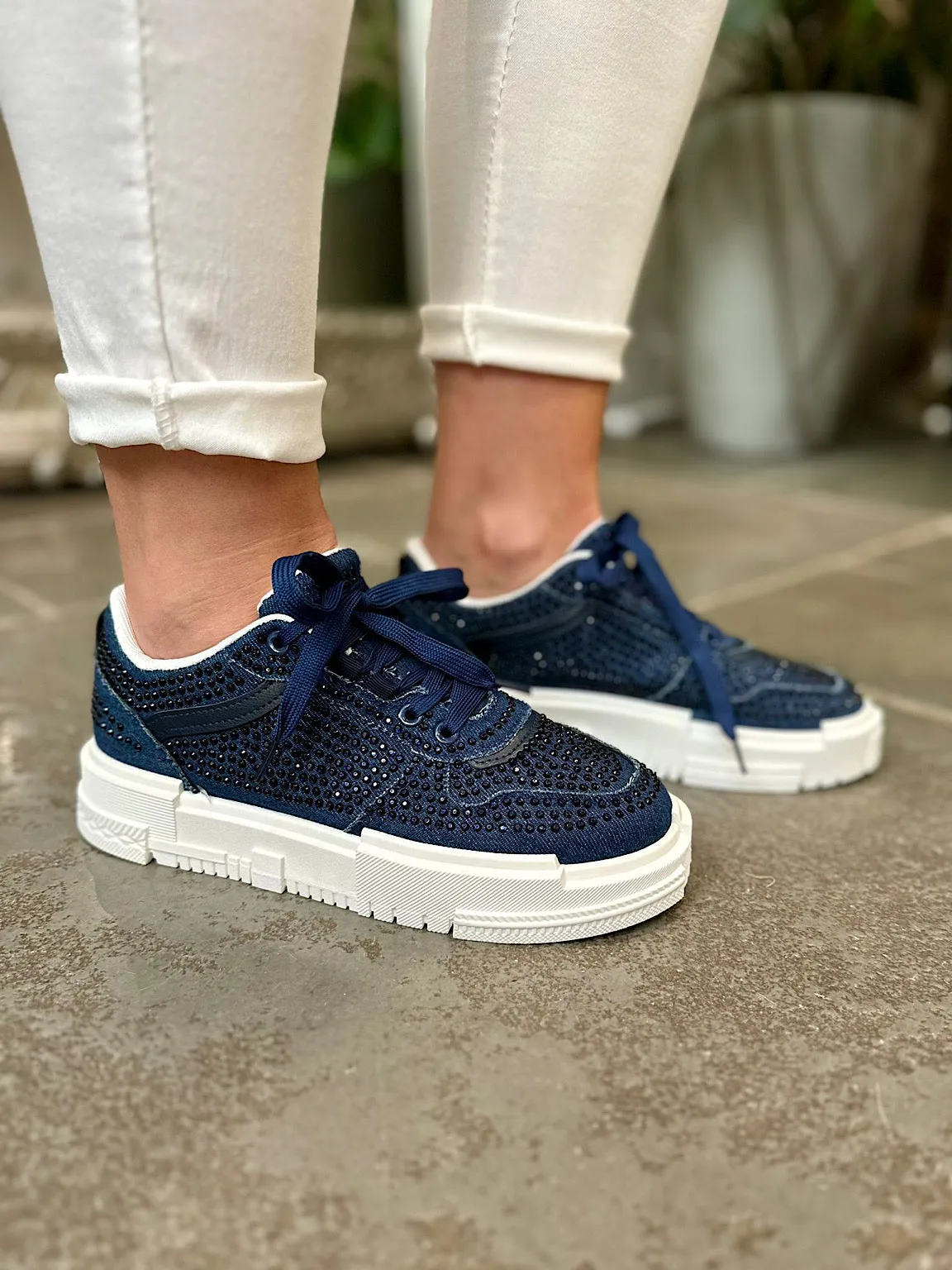 Denim Diamante Platform Trainers