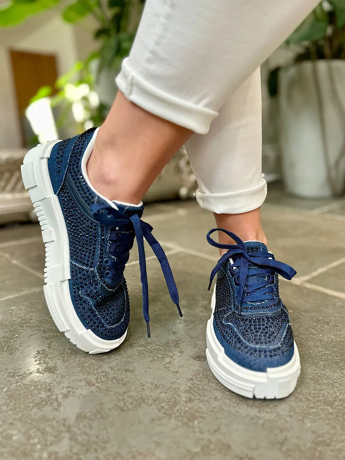 Denim Diamante Platform Trainers