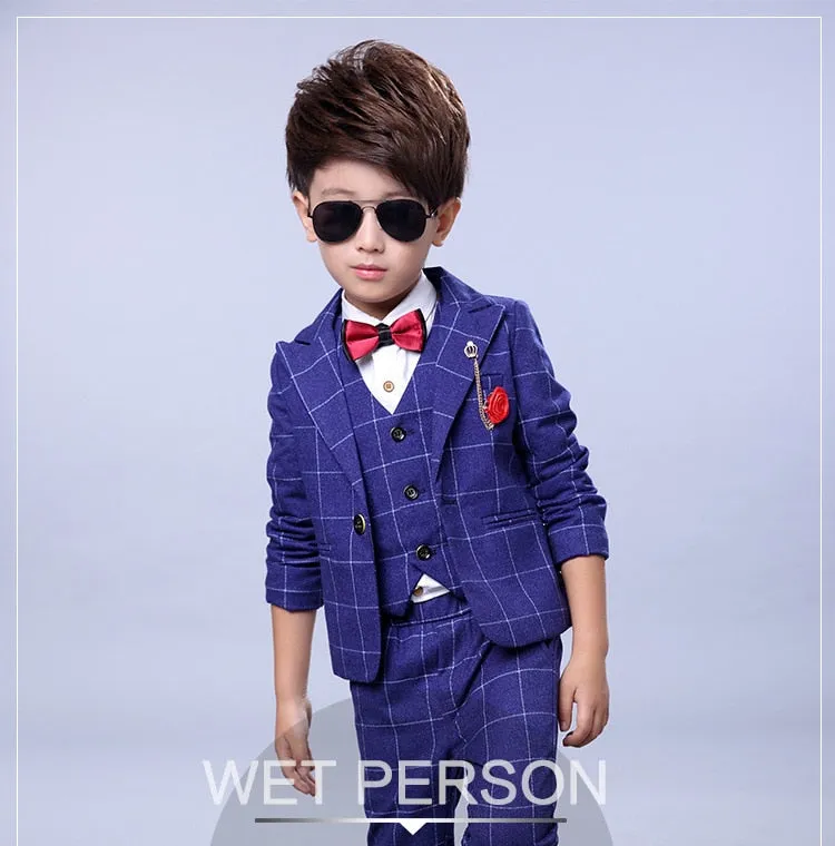 Formal suits for Boys Jacket Pant Vest Bowtie 3 PCS Boys Wedding Dress Kids Plaid Fashion Show Blazers Suit