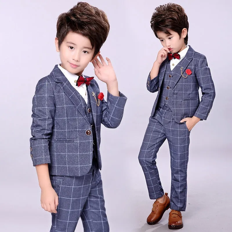 Formal suits for Boys Jacket Pant Vest Bowtie 3 PCS Boys Wedding Dress Kids Plaid Fashion Show Blazers Suit