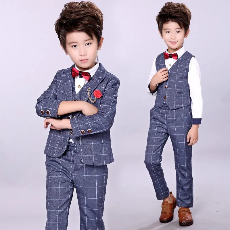 Formal suits for Boys Jacket Pant Vest Bowtie 3 PCS Boys Wedding Dress Kids Plaid Fashion Show Blazers Suit