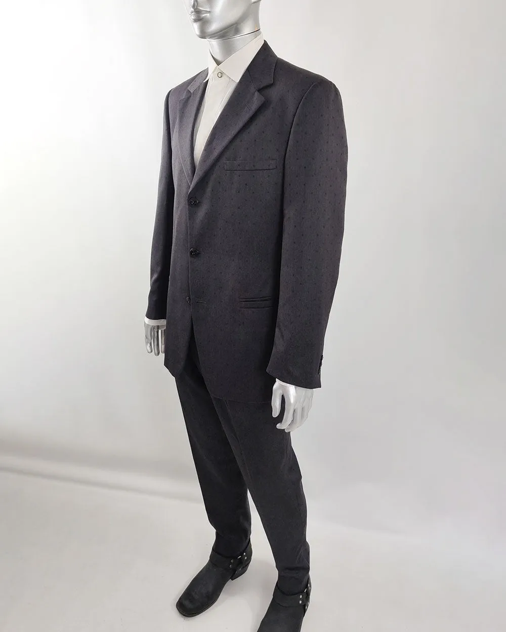 Gianni Versace Vintage Mens Charcoal Grey Wool Polka Dot Suit