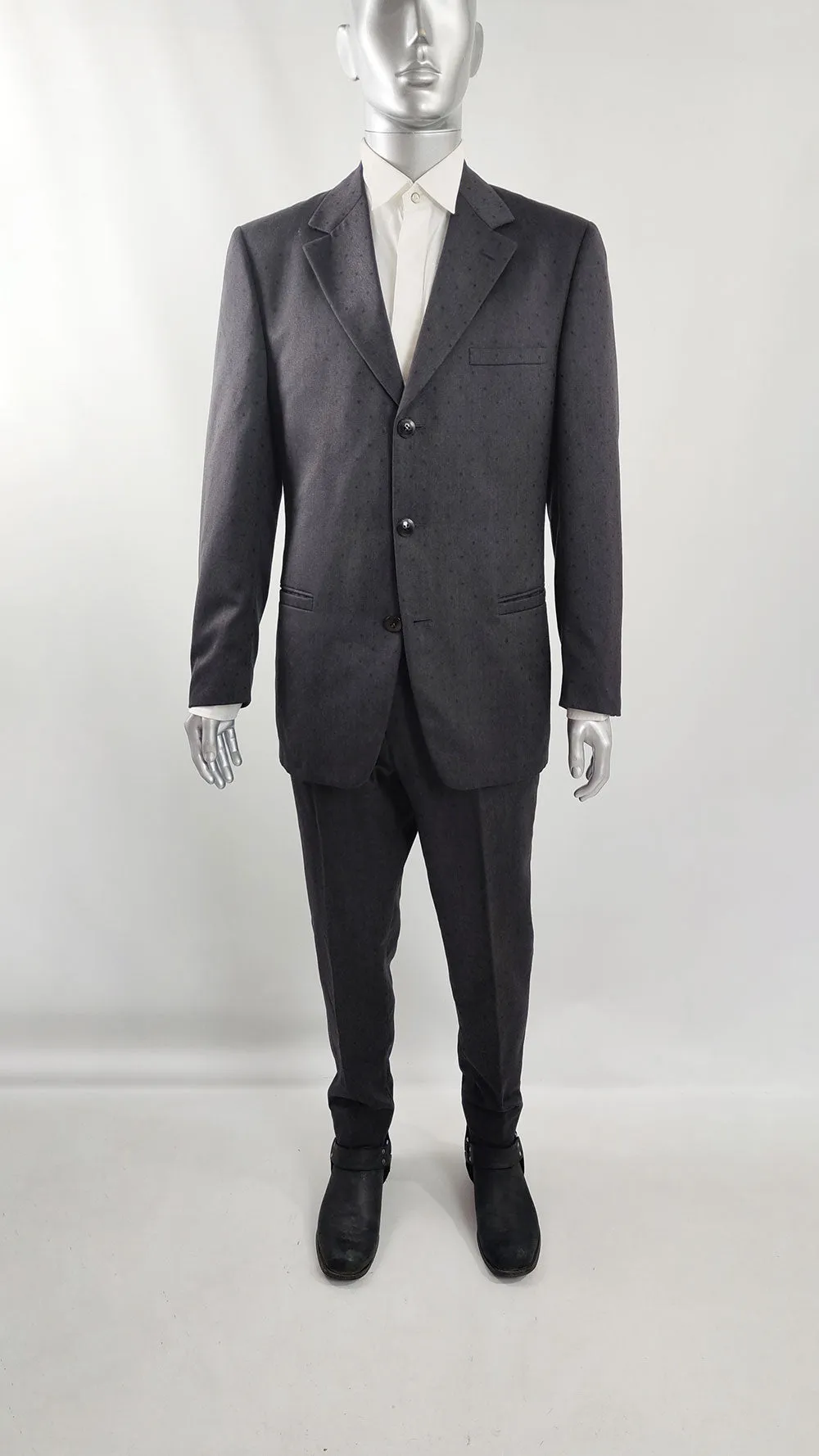 Gianni Versace Vintage Mens Charcoal Grey Wool Polka Dot Suit