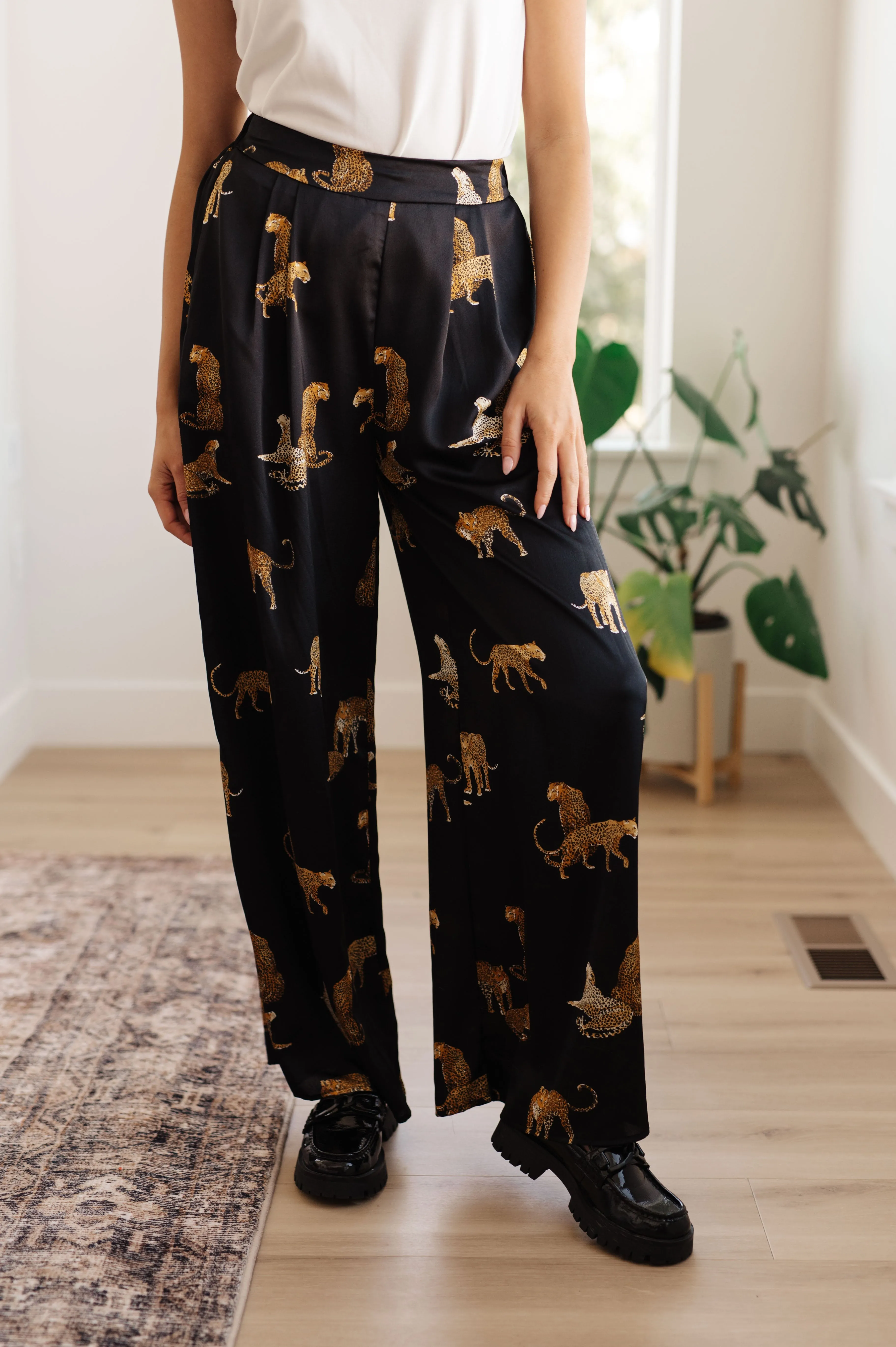 Leopard Satin Wide Leg Pants