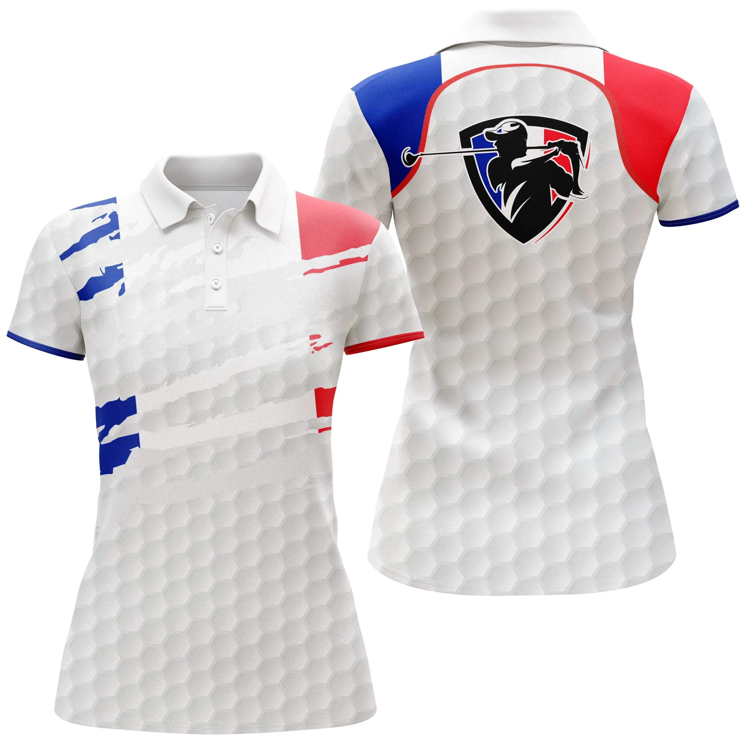 Polo de Sport Homme Femme, Polo à Séchage Rapide Pour Golfeur et Golfeuse, Impression Drapeau de la France, Motifs Balle de Golf