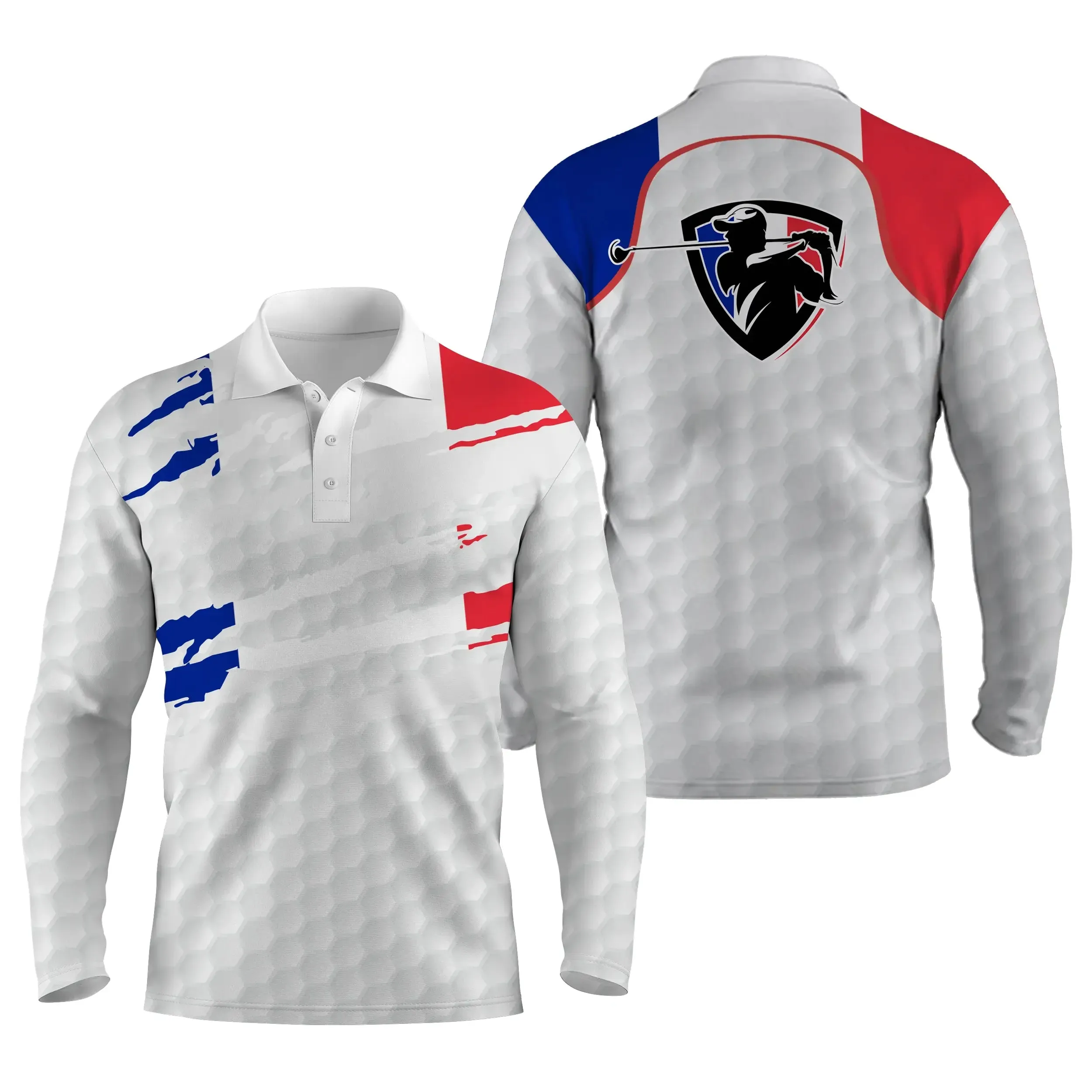 Polo de Sport Homme Femme, Polo à Séchage Rapide Pour Golfeur et Golfeuse, Impression Drapeau de la France, Motifs Balle de Golf