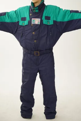 Vintage one piece Sportalm ski suit, snow suit bleu et vert T.54 XL pour homme