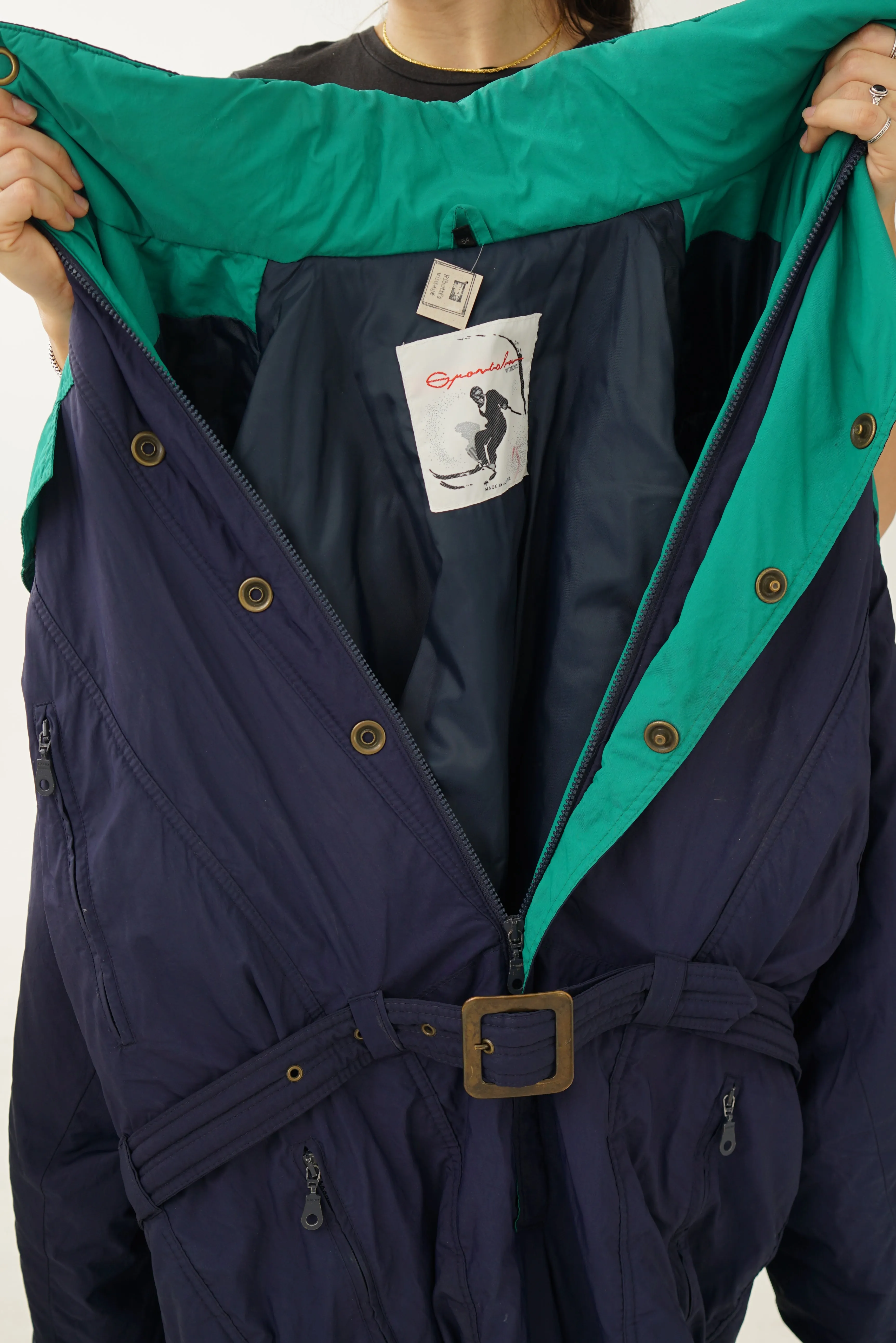 Vintage one piece Sportalm ski suit, snow suit bleu et vert T.54 XL pour homme