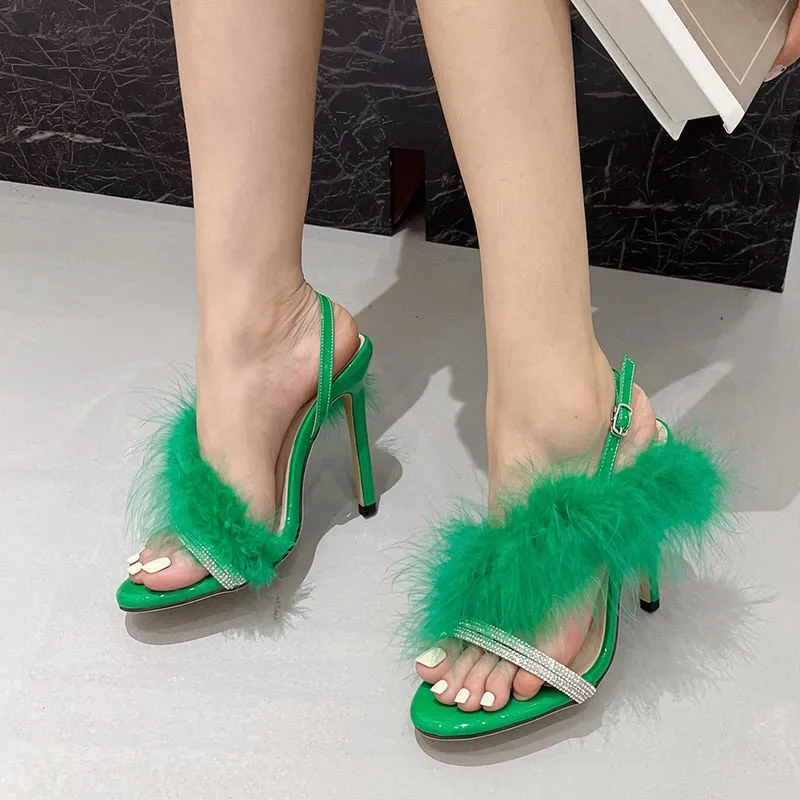 Women's Faux Fur Rhinestone Thin Open Toe Buckle Strap Hi-Heel Pumps