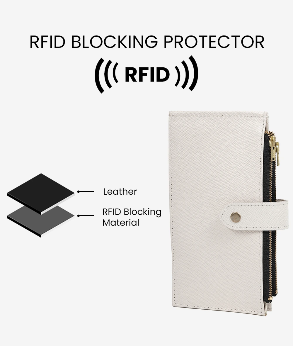 Womens Real Off White Leather Clutch Bifold Wallet with RFID Blocking