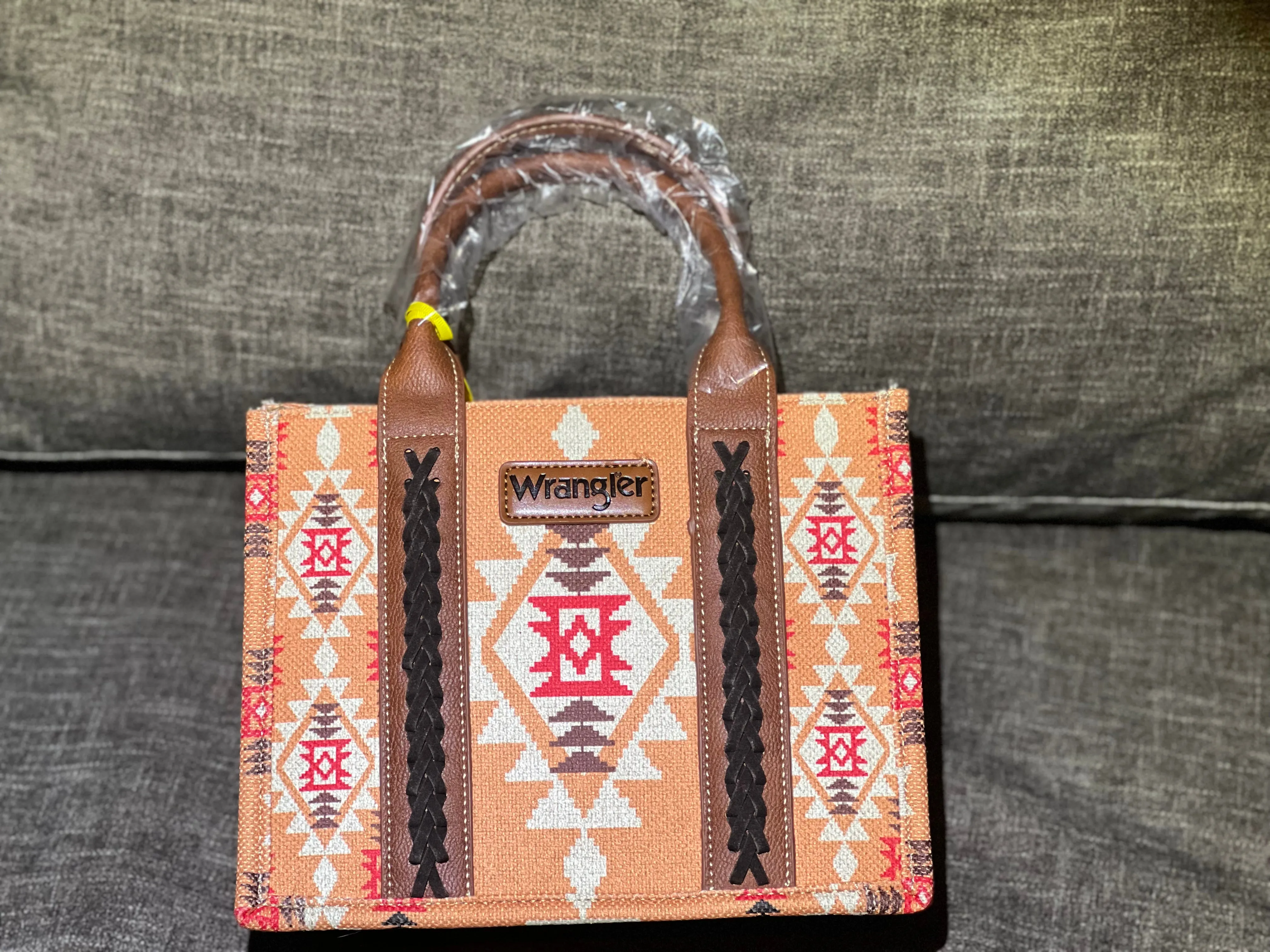 Wrangler Southwestern Dual Sided Print Crossbody Canvas Tote-Peach